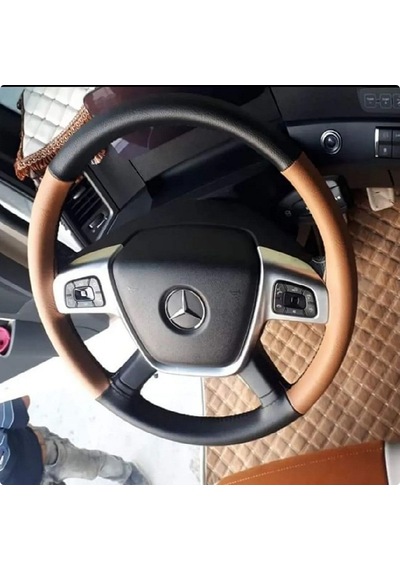 Dikişli Direksiyon Kılıfı Taba /siyah Deri Siyah Dikişli Mercedes Kamyon Tır Için