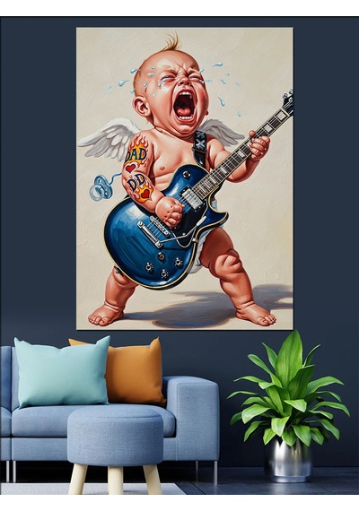 Ahşap Tablo Ağlayan Bebek Gitar Çalıyor Dekoratif Tablolar