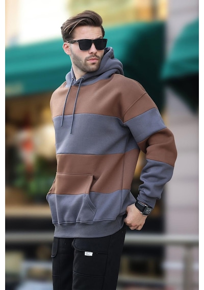 Madmext Füme Kapüşonlu Renk Bloklu Cep Detaylı Erkek Sweatshirt 7044 Füme