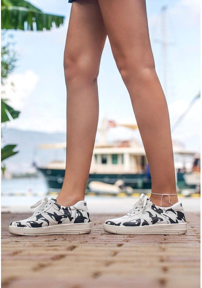 Kadın Vegan Deri Beyaz Sneakers - Flowing Orca Tasarım Çok Renkli