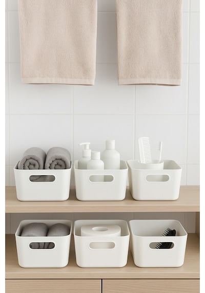 Esti 4 Adet - 4 Lt Beyaz Plastik Organizer Kutu Banyo Havlu Şampuan Düzenleyici