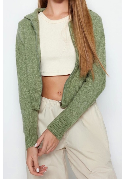 Ersefa Kadın Modern Tarz Regular Kapüşonlu Crop Triko Hırka Mint