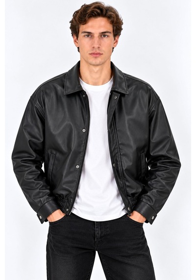 Classics Men Ezr Erkek Standart Kalıp Cepli Bomber Suni Deri Ceket 7797 Siyah