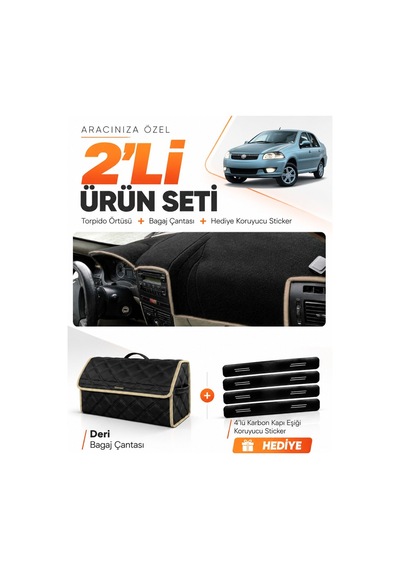 Fıat Siena 2005-2012 Uyumlu Torpido Örtüsü + Deri Bagaj Çantası + Sticker Seti - Siyah Bej