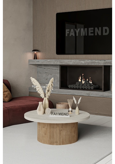 Faymend Kooky Modern Yuvarlak Meşe - Traverten Ahşap Orta Sehpa '70cm' Pembe