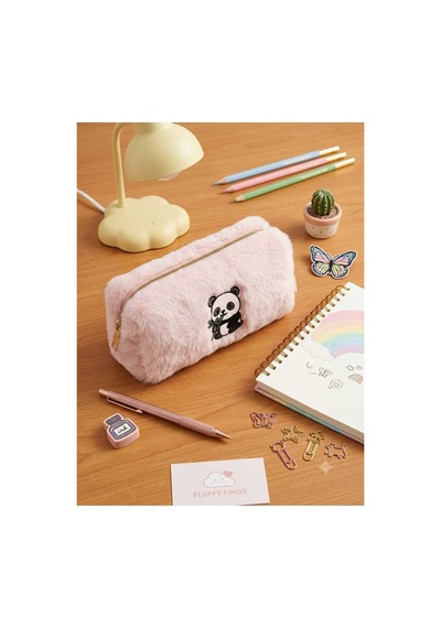 Peluş Kalem Kutusu Kalemlik Kalem Çantası 6x10x19 Cm Orta Boy Pembe Panda Çok Renkli