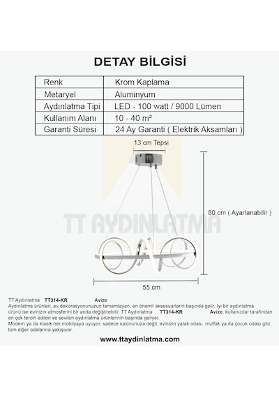 Tt314-kr Tt Ayd. Sarı Işık Büyük Sarmal Krom Kaplama Led Avize Krom