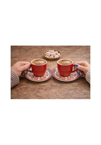 6 Kişilik Türk Kahvesi Fincanı Takımı,12 Parça,90 Ml Seramik Set,mikrodalga/bulaşık Makinesine Uygun Kırmızı