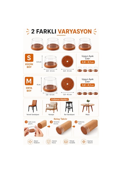 Yuvarlak Silikon Keçeli Sandalye Ve Masa Ayağı Pabucu 4'lü Set Medium " 3,8-4,1 Cm " Altın