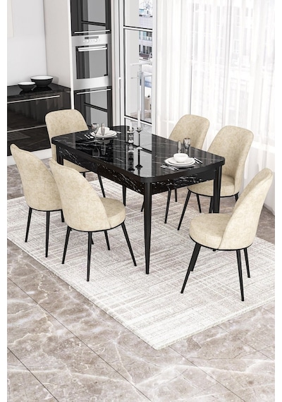 Canisa Concept Kor Serisi, 70x114 Açılabilir Yemek Masası Takımı, Siyah Mermer Desen Masa Ve 6 Krem Sandalye Masa Siyah Mermer Sandalyeler Krem Canisa Concept Kor Serisi, 70x114 Açılabilir Yemek Masası Takımı, Siyah Mermer Desen Masa Ve 6 Krem Sandalye Masa Siyah Mermer Sandalyeler Krem