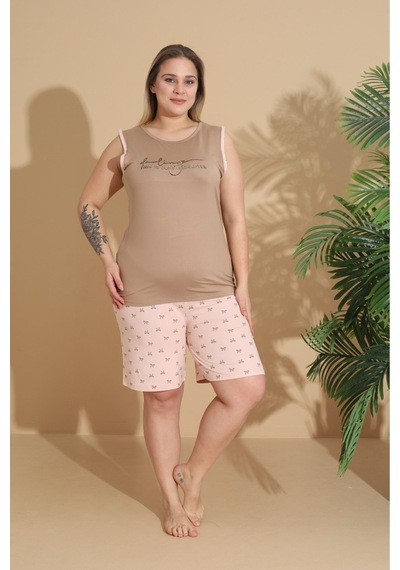 Eyfuze Kadın Milan Kumaş Büyük Beden Curve Baskılı Desenli Şortlu Pijama Takımı Bej