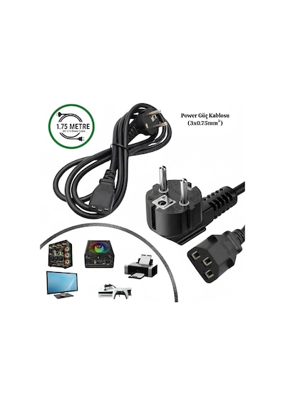 1.75 Metre Standart Power Kablosu PC Bilgisayar Monitör Yazıcı Güç Kablosu 3 Pin IEC C13 Kasa Elektrik Bağlantı Kablosu