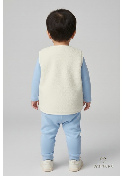 Babyden's Welsoft Erkek Bebek Çocuk Çıtçıtlı Yelek Ayıcık Armalı, Yumuşak Peluş Bebek Yeleği Ekru