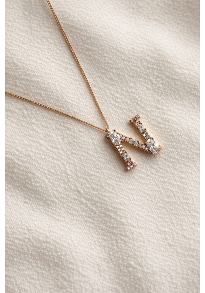 Çelik Rose Gold Taşlı N Harf Kolye -kararma Yapmaz- Metalik