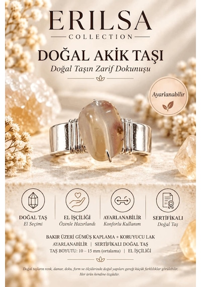 Sertifikalı Doğal Akik Taşı Yüzük Açık Kahve Gümüş Kaplama Bakır Çok renkli