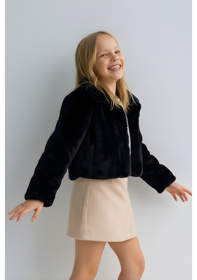 Esila Kids Kız Çocuk Bolero Peluş Ceket İnci Kapamalı Uzun Kollu Çocuk Ceket Siyah