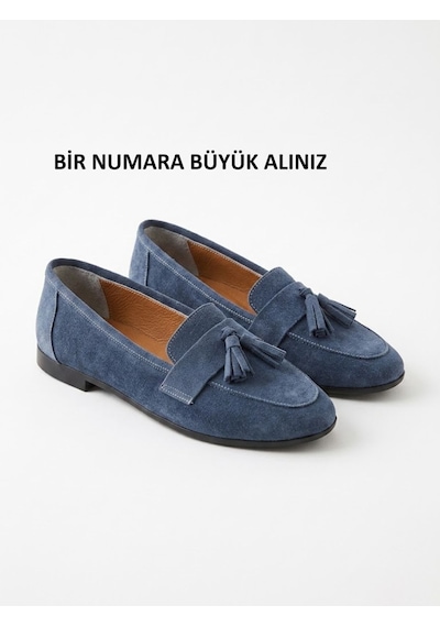 Noxmark Hakiki Deri Süet Püskül Detaylı Kadın Loafer Ayakkabı İndigo