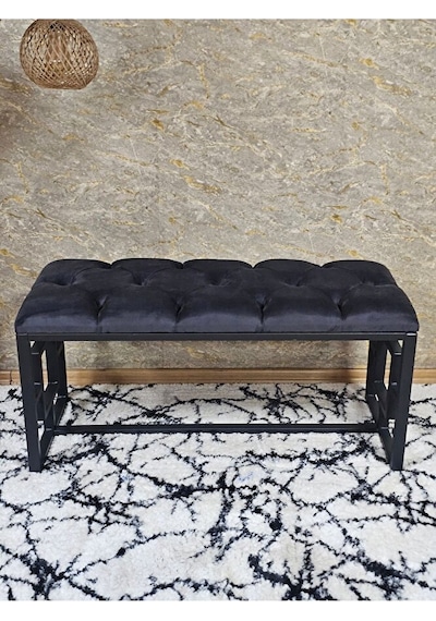 Siyah Boyalı İçi Kareli Diktörtgen 100 Cm X 40 Cm Oturak Puf - Be Çok Renkli