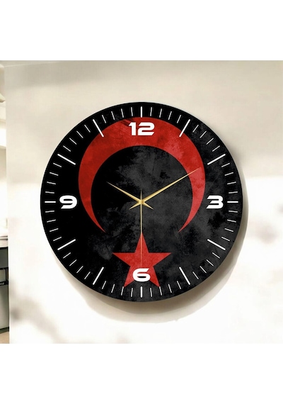 AA Shop Renkli Baskı Türk Bayrak Desenli Sayılı Yılbaşı Hediyelik Ahşap Sessiz Tablo Duvar Saati D252 Çok Renkli