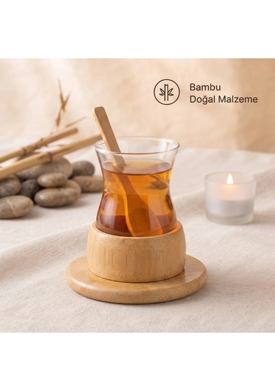 18 Parça Bambu Çay Seti - 6 Çay Bardağı - Borosilikat Cam Renkli