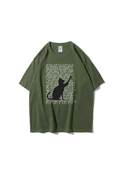 Flood Of Style Unisex Haki 01 Kedi Baskılı Oversize Bisiklet Yaka Tshirt