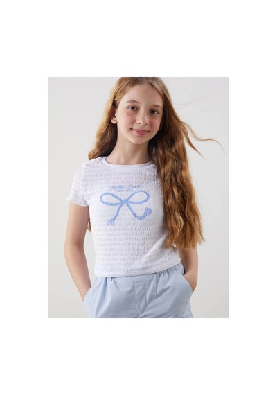 LC Waikiki Lcw Kids Beyaz Bisiklet Yaka Fiyonk Baskılı Kız Çocuk Crop Tişört Buxe Whıte