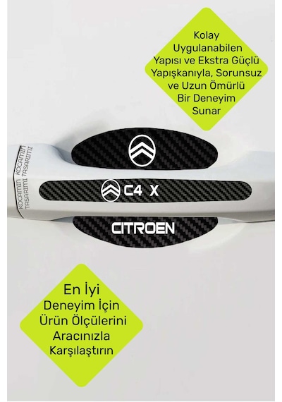 Araç Modeline Özel Citroen C4 X Karbon Kapı Kolu Koruma Seti Beyaz Yazılı 8 Parça Şık Tasarım