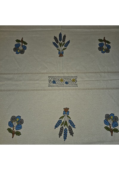 Desenli El Baskısı El Boyaması Masa Örtüsü 150x210 Beyaz