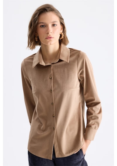 Ekol Kadın Kadife Görünümlü Polo Yaka Gömlek Camel
