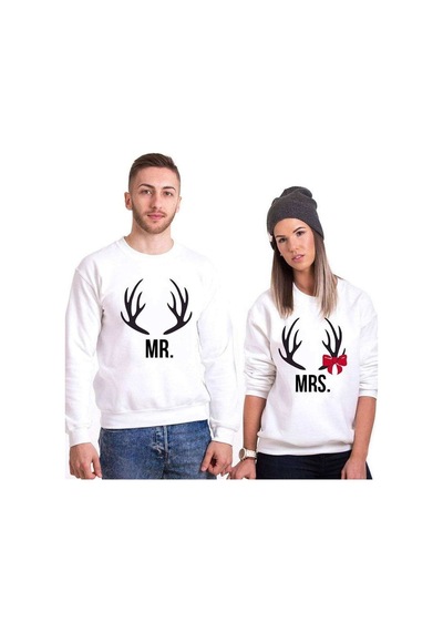 Tshirthane Mr.Mrs. Geyik Sevgili Kombinleri Unisex Sweatshirt Kırık Beyaz