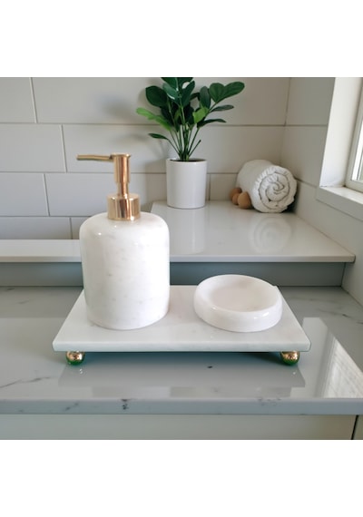 Doğal Mermer Banyo Ve Lavabo Seti 3lü Gold Aksesuarlı Beyaz