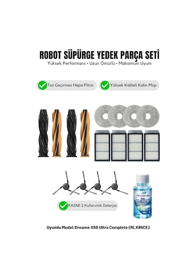 Dreame X50 Ultra Complete Rlx85ce İle Uyumlu 2 Ana Fırça 4 Yan Fırça 4 Filtre 4 Mop 1 Deterjan 4.0