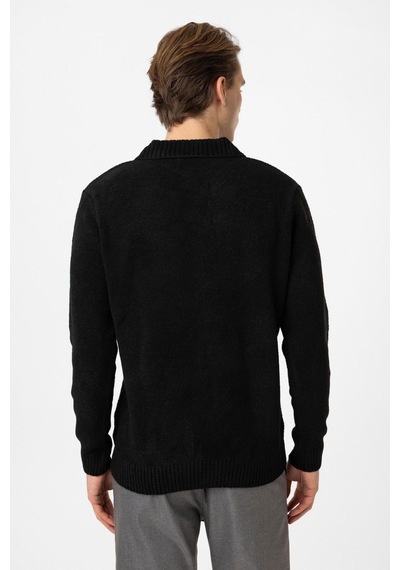 Back&bond Siyah Regular Fit Çizgili Polo Yaka Triko Kazak
