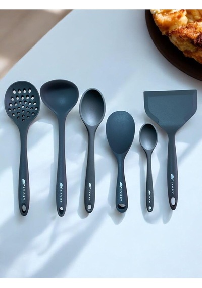 Tr Isıya Dayanıklı Silikon Kevgir Kepçe Kaşık Spatula Seti, 6 Parça, Gri Diğer