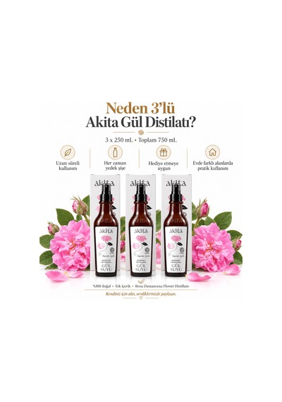 Akita Doğal Yağı Alınmamış Gül Suyu 3 x 250 ML