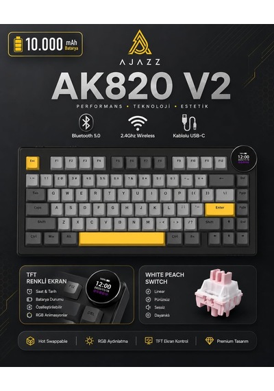 Ajazz Ak820 V2 White Peach Switch Kablosuz Manyetik Oyuncu Klavyesi 8k Hz 0.01mm Rt 0.125ms Gecikme Tft Ekran 10000mah Rgb Bluetooth 5.0 2.4ghz Usb-c Ak820 V2 - Black Gray Yellow Ajazz Ak820 V2 White Peach Switch Kablosuz Manyetik Oyuncu Klavyesi 8k Hz 0.01mm Rt 0.125ms Gecikme Tft Ekran 10000mah Rgb Bluetooth 5.0 2.4ghz Usb-c Ak820 V2 - Black Gray Yellow