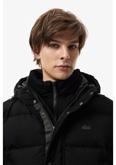 Lacoste Down Fill Mens Jacket Sabit Kapüşonlu Kaz Tüyü Erkek Fitilli Mont Siyah