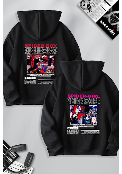 Macklin Sevgili Çift Kombin Spider Boy Ve Girl Sırt Baskılı Özel Tasarım Kapüşonlu Sweatshirt 2li Set Takım Siyah Mck1161 Siyah
