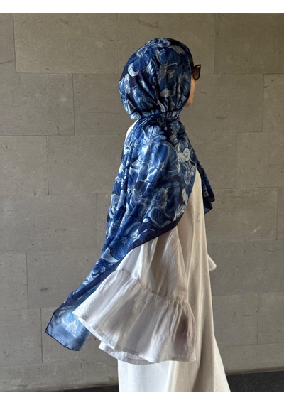 Qalortex Scarf Pamuklu Mimoza Desen Şal- Lacivert