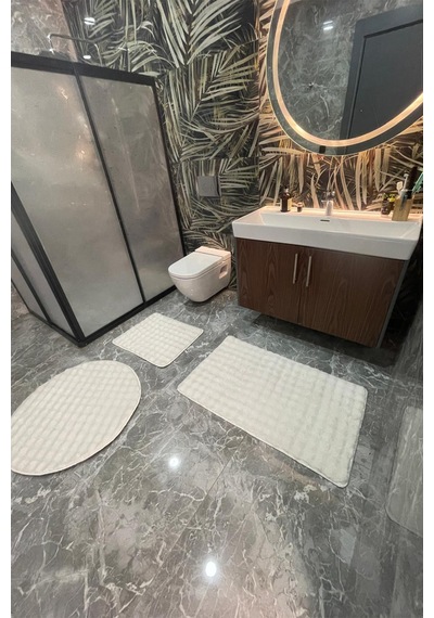 3'lü Kaymaz Taban Peluş Banyo Klozet Takımı 60x100 + 50x60 + 80x80 Yuvarlak Krem