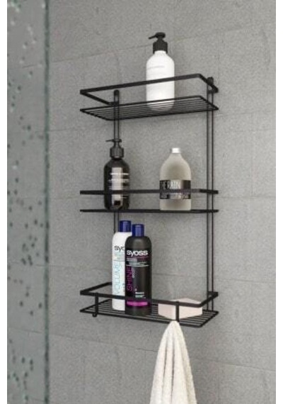 Suntel 3 Katlı Lamalı Düz Banyo Rafı Kancalı Siyah