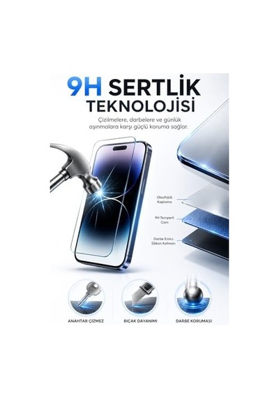 İphone 14 Pro İle Uyumlu 9h Kırılmaz Cam, Temperli Cam, Şeffaf, Parlak Yüzey