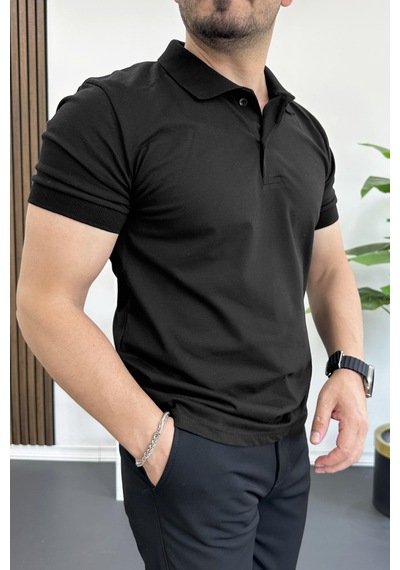 Erkek Slim Fit Düz Renk Pamuklu Soft Polo Tişört Siyah Edw365 Siyah