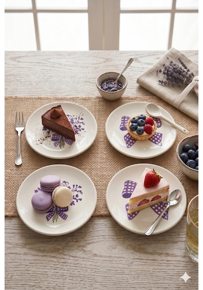 Lila Gift 4 Lü Seramik Tatlı Tabağı 16 Cm Lila Çiçek Desenli Pasta Kahvaltı Sunum Tabak Seti Şık Beyaz