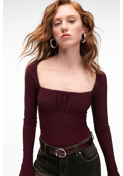 Grımelange SILIVRA Kadın Havuz Yakalı Esnek Kumaşlı Slim Fit Bordo Bluz