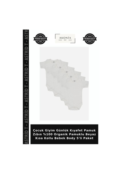 Astrid T Çocuk Giyim Günlük Kıyafet Pamuk Zıbın %100 Organik Pamuklu Beyaz Kısa Kollu Bebek Body 5'li Paket