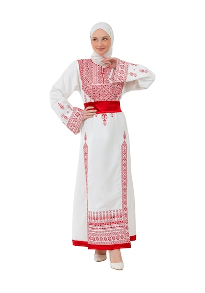 Zaytoon Filistin Nakışlı Modern Beyaz Kaftan Elbise - Geleneksel Şıklık Kırmızı