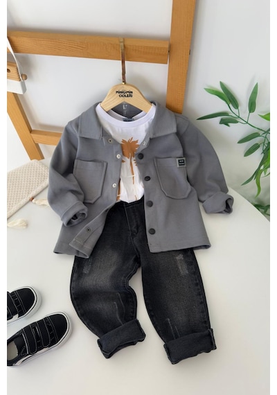 Miniğimin Cicileri New York Arma Detaylı Ceketli Basic Tişörtlü Kot Pantolonlu Erkek Çocuk 3 Lü Kombin Takım - Gri Miniğimin Cicileri New York Arma Detaylı Ceketli Basic Tişörtlü Kot Pantolonlu Erkek Çocuk 3 Lü Kombin Takım - Gri