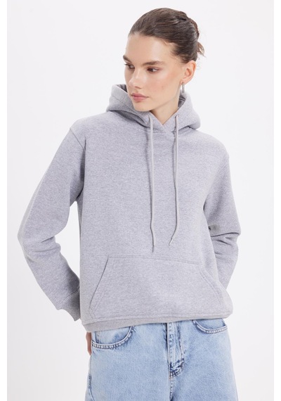 Tudors Kadın Relax Fit Rahat Kesim Pamuklu Kapüşonlu Kanguru Cepli Gri Sweatshirt-39935 Gri