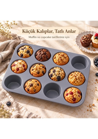 Tr 12'li Silikon Muffin Kalıbı Gri Cupcake Mini Kek Browni Kurabiye Tatlı Pişirme Tepsisi Esnek Tek Parça Yuvarlak Genel